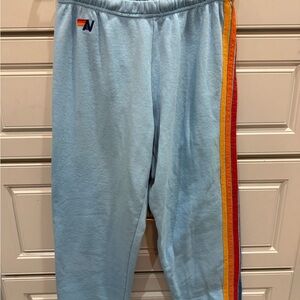 Aviator Nation Light Blue Track Pants with Rainbow Stripes